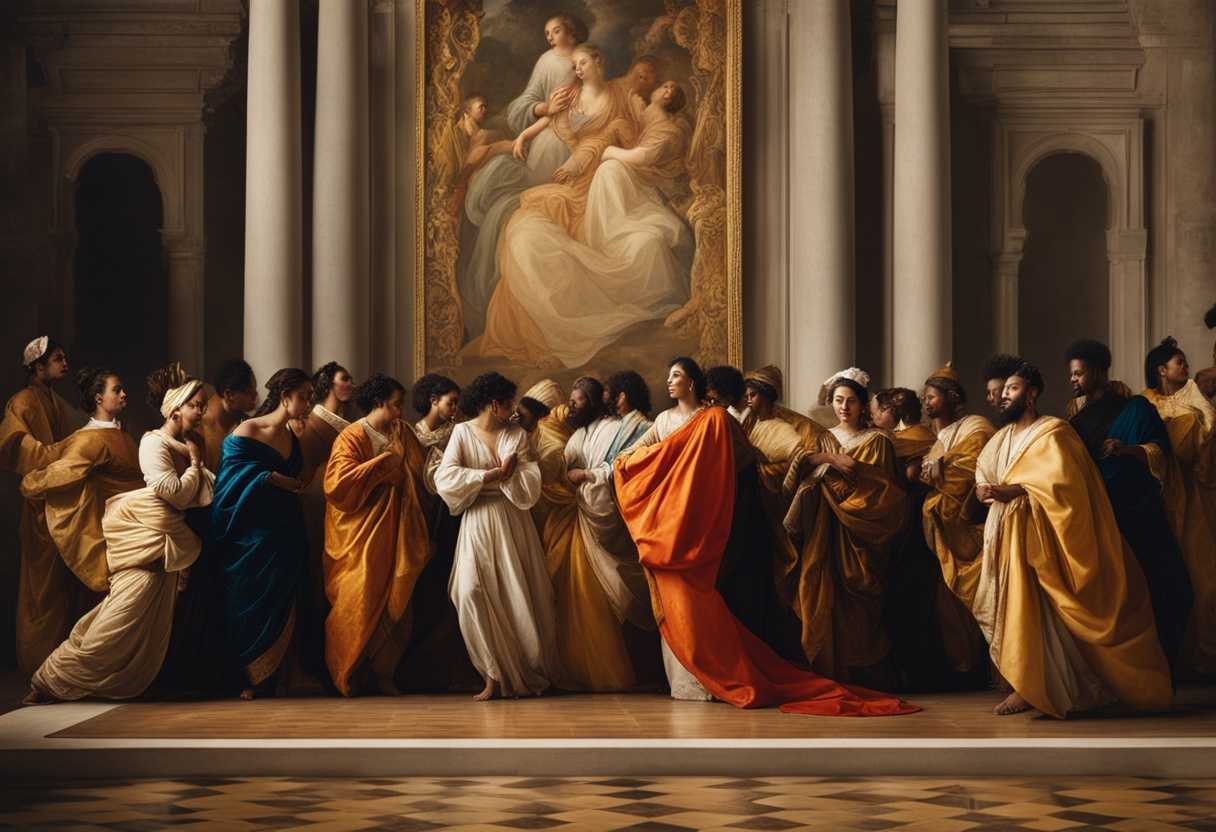 Diverse-group-in-traditional-attire-bowing-to-golden-image-showcasing-unity-culture-and-music_smcc