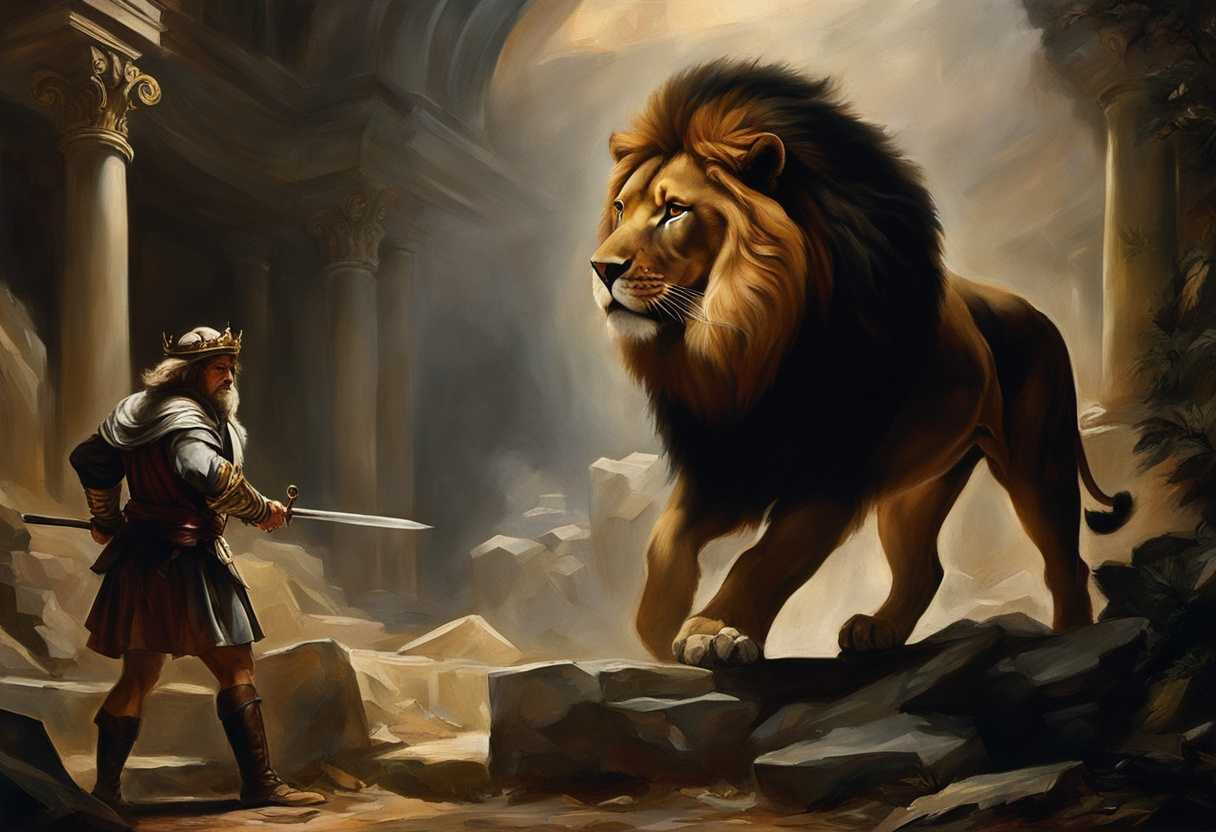 King-bravely-faces-lion's-den-at-dawn-tense-and-determined-entering-dark-foreboding-danger_sjje