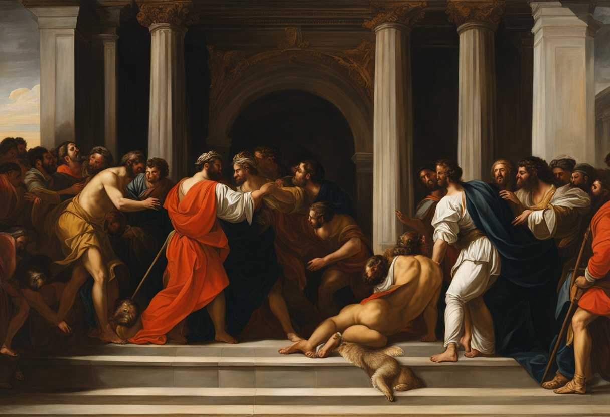 Daniel-and-King-Darius-embrace-in-the-lion's-den-celebrating-survival-and-new-decree_wmko