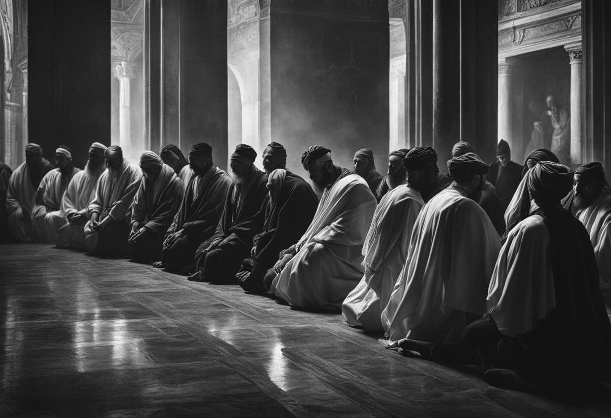 Dramatic-black-and-white-scene-Israelites-in-deep-prayer-confessing-sins-with-solemnity_jwut