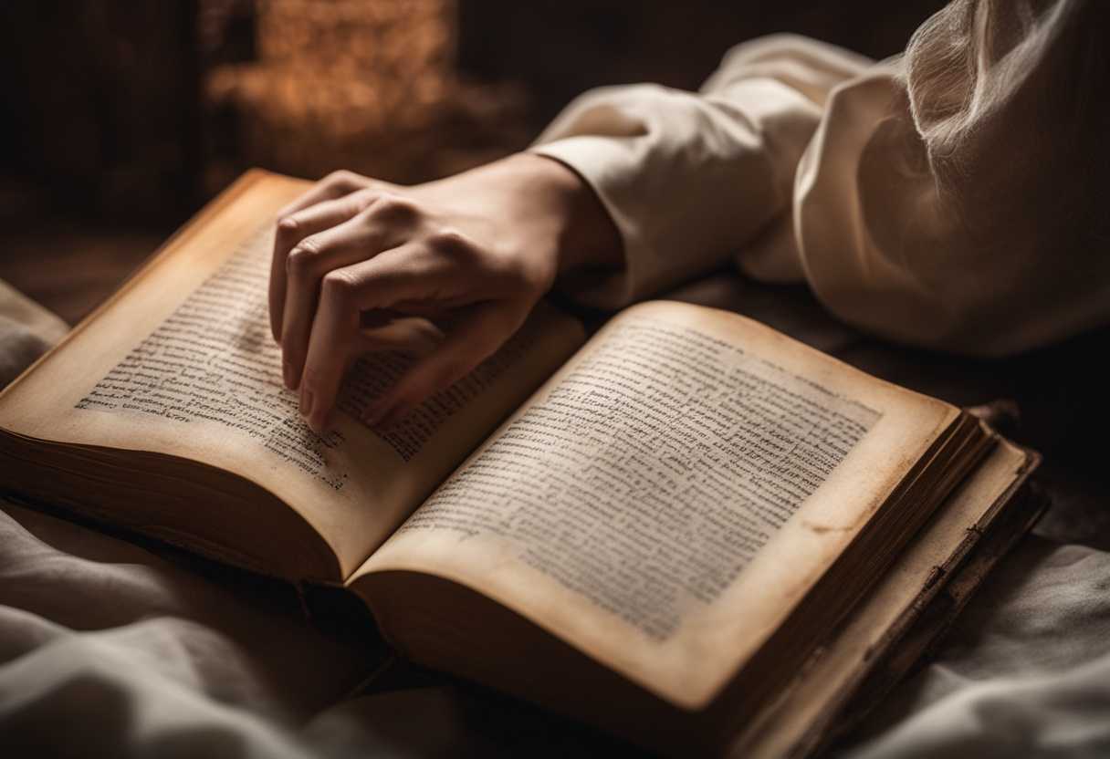 Hands-gently-caress-ancient-book-soft-light-illuminates-weathered-pages-evoking-reverence-and-curi_zfea