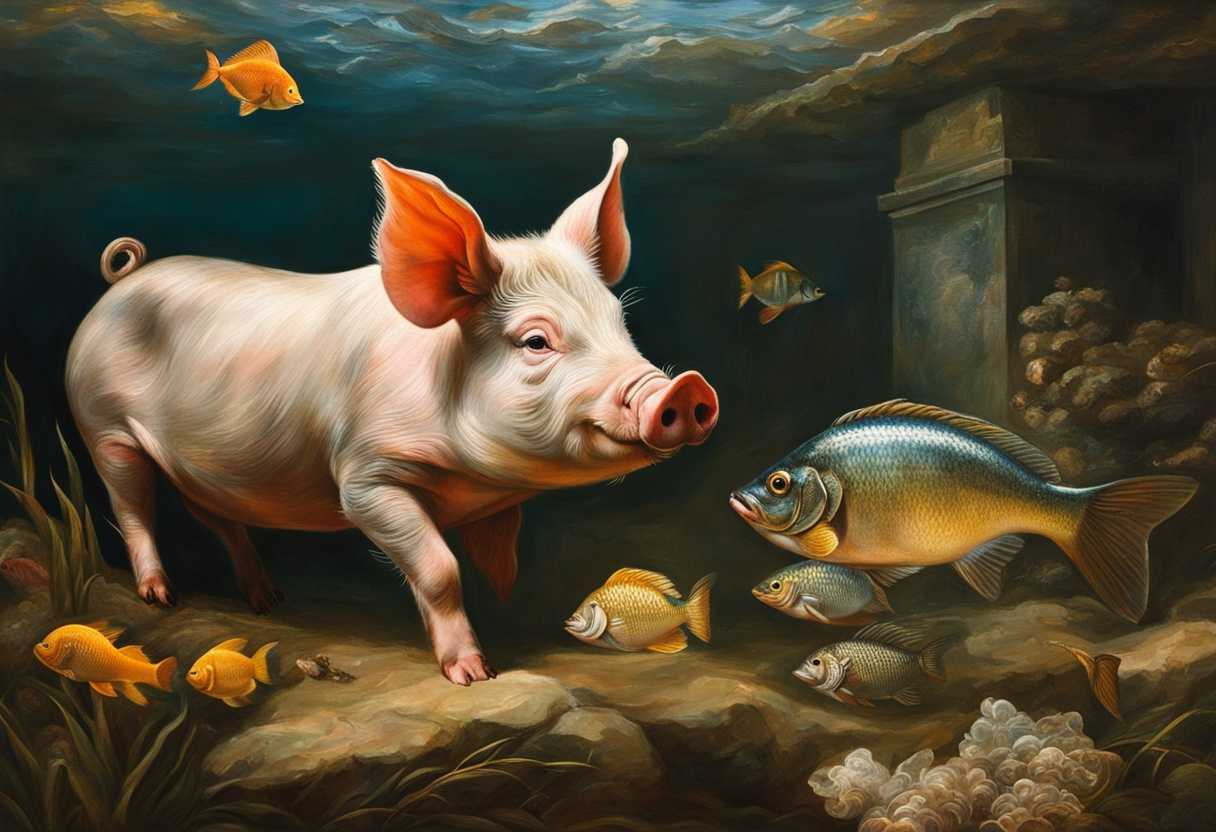 A-pig-and-fish-coexist-in-a-biblical-inspired-scene-muddy-pen-shimmering-fish-in-clear-water_wcpa