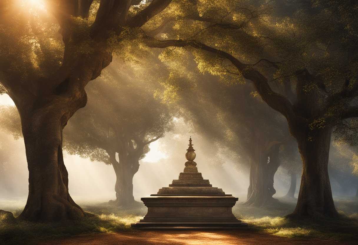 Ancient-altar-beneath-a-sunlit-tree-embodying-timeless-mystique-and-reverence-in-nature_ikbd