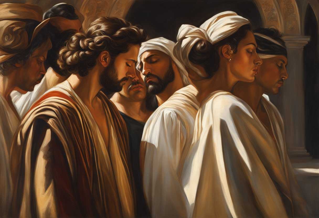 A-diverse-group-in-traditional-attire-heads-bowed-in-reverence-under-warm-sunlight-united-in-spiri_jukc