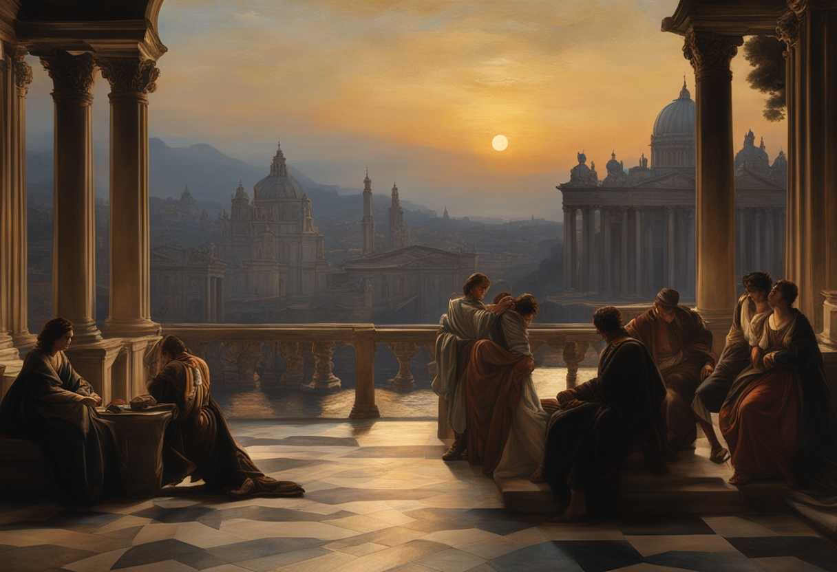A-group-of-weary-travelers-find-solace-in-a-majestic-city-sanctuary-at-dusk_otwz