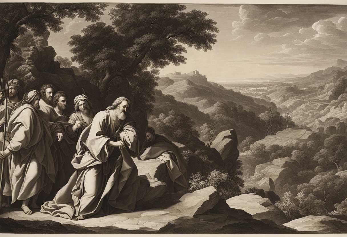 Moses-guides-weary-Israelites-through-vast-wilderness-under-warm-sun-rugged-landscape-solemn-lead_atwc