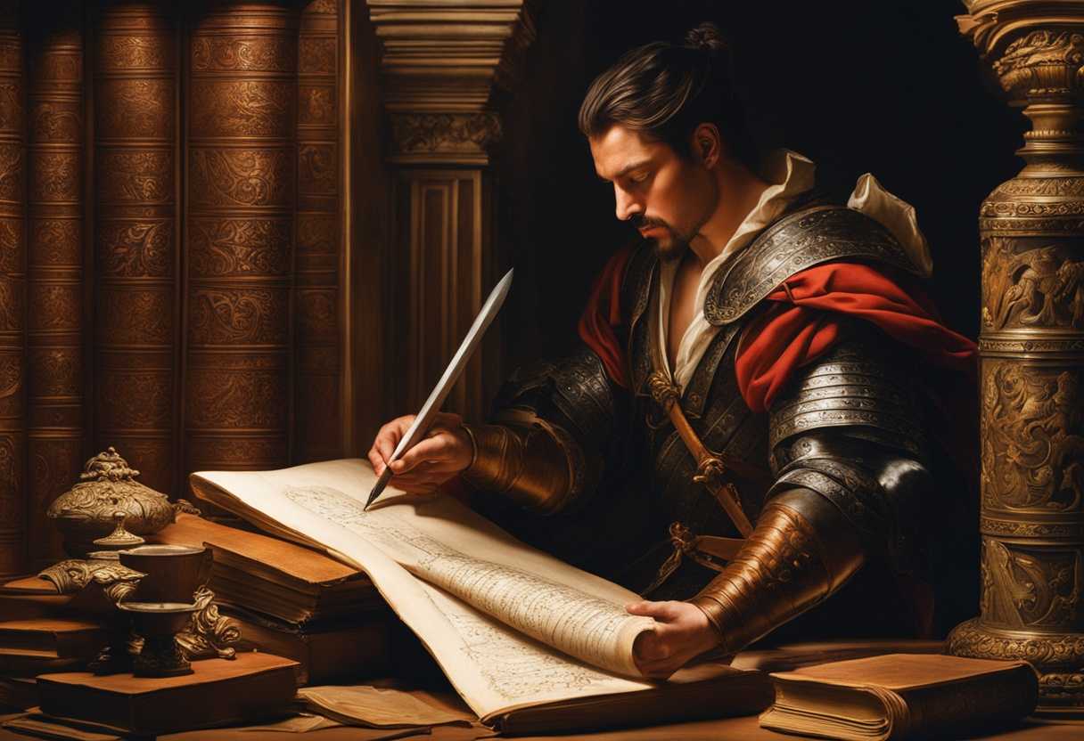 In-a-dimly-lit-library-a-warrior-studies-a-scroll-with-intricate-calligraphy-detailing-battle-strat_atgi