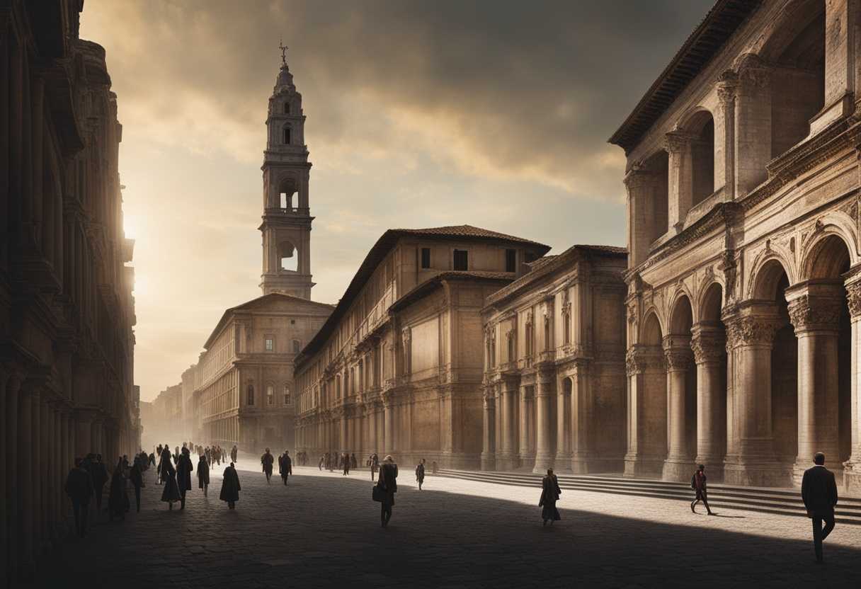 People-walking-towards-a-city-blending-ancient-walls-with-modern-skyscrapers-symbolizing-resilience_sdvr