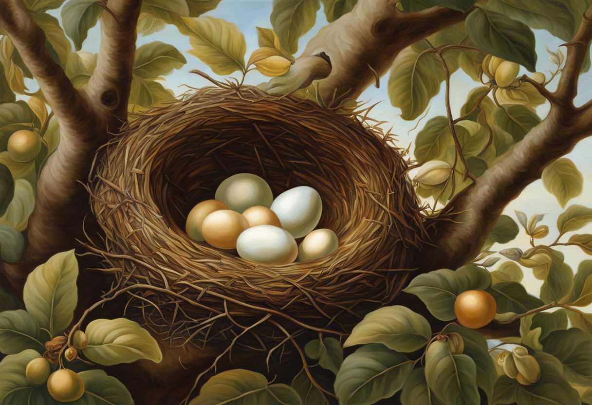 A-mother-bird-guards-her-nest-of-eggs-and-young-ones-in-a-peaceful-tree_izwp