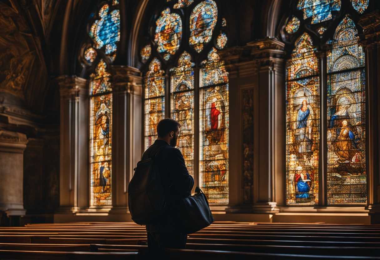Person-in-church-holding-bag-of-money-light-through-stained-glass-contemplative-expression-intric_kzoj