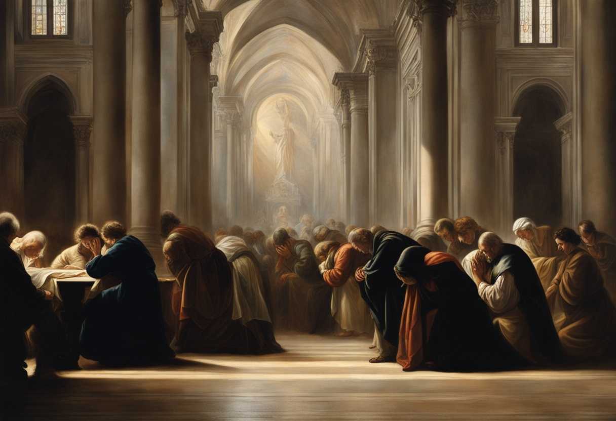 People-in-a-church-heads-bowed-in-prayer-hands-clasped-bathed-in-soft-light_svri