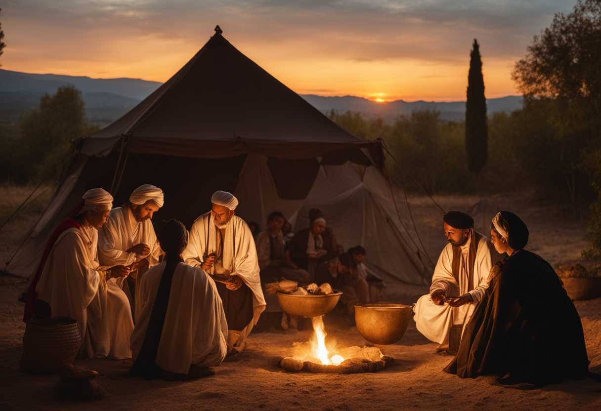 Ancient-campsite-at-sunset-people-in-traditional-attire-performing-rituals-one-person-digging_mixj