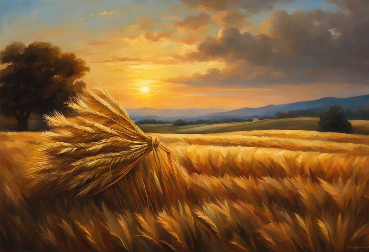 A-lone-golden-sheaf-stands-in-a-vast-field-at-sunset-embodying-generosity-and-beauty_qomn