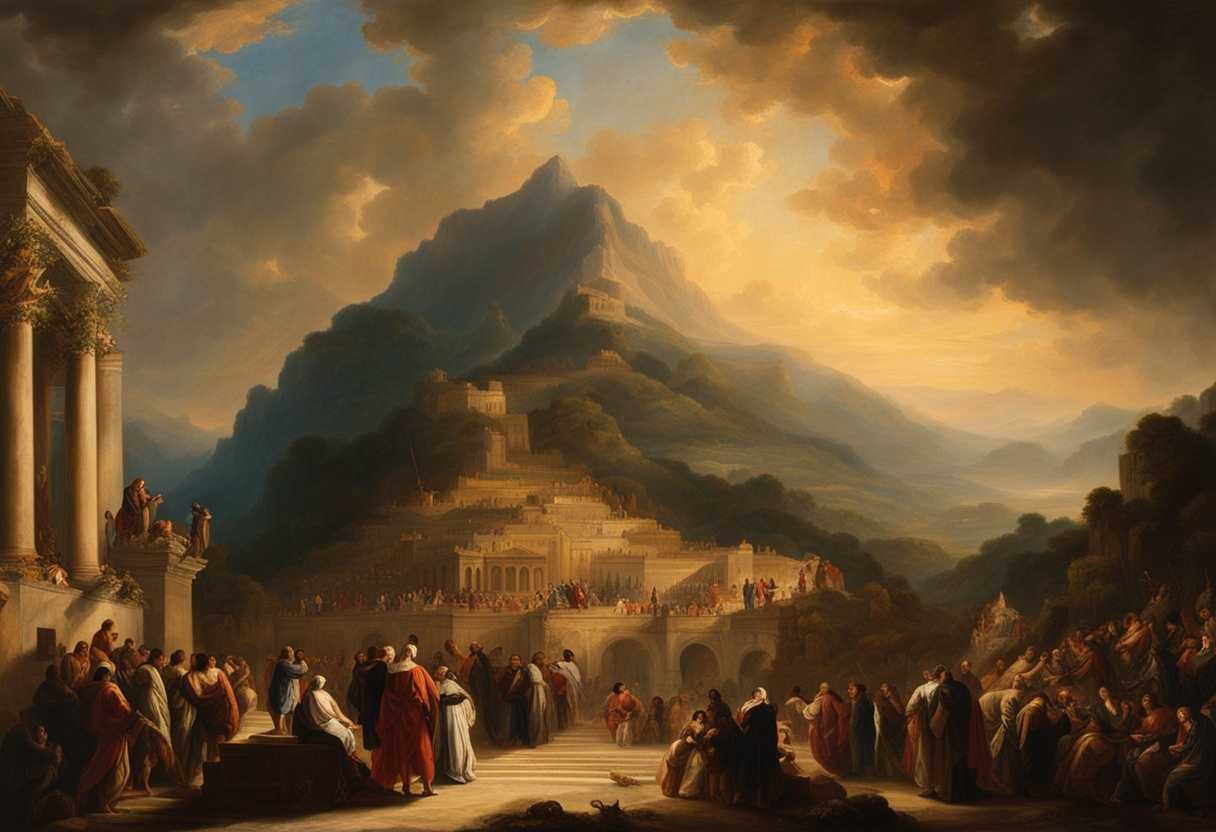 People-stand-united-before-towering-mountain-bathed-in-warm-light-making-sacred-covenant-with-God_gosk
