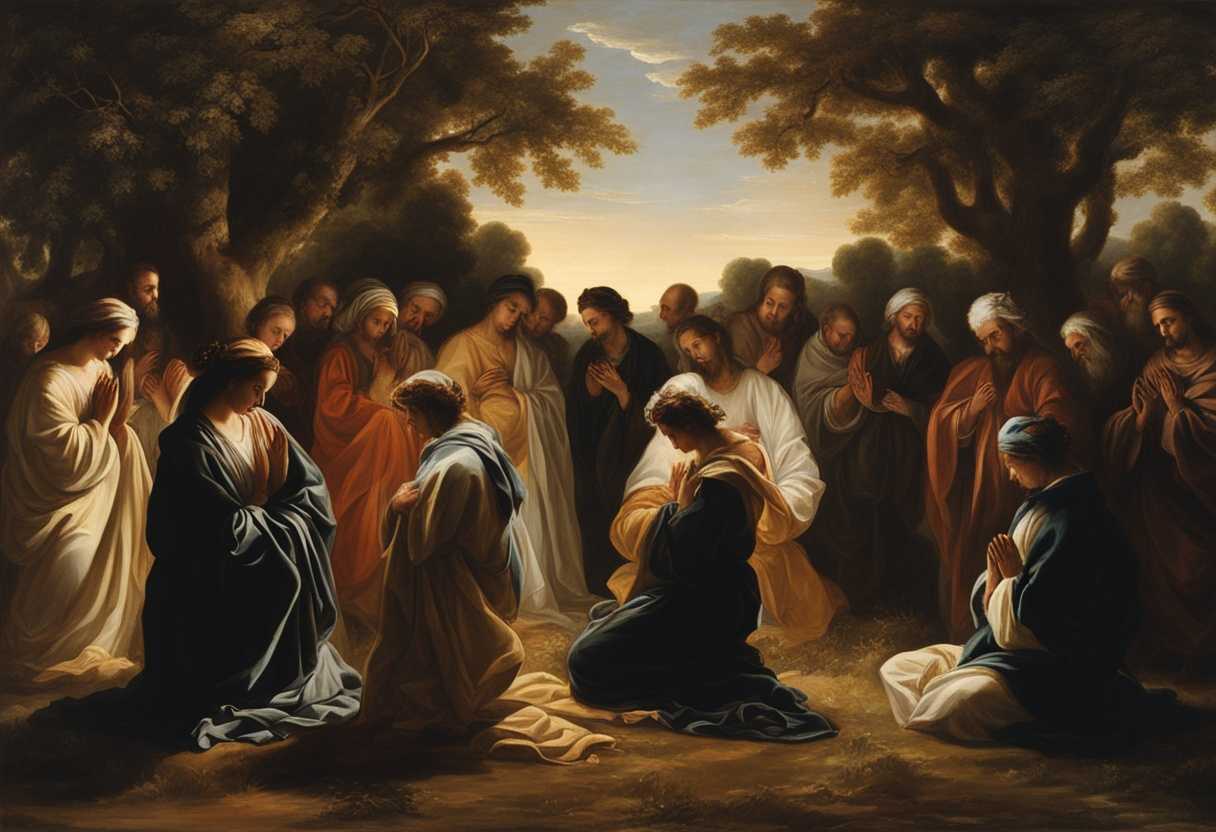 People-in-prayer-circle-under-trees-heads-bowed-faces-glowing-with-reverence-and-unity_bjhi