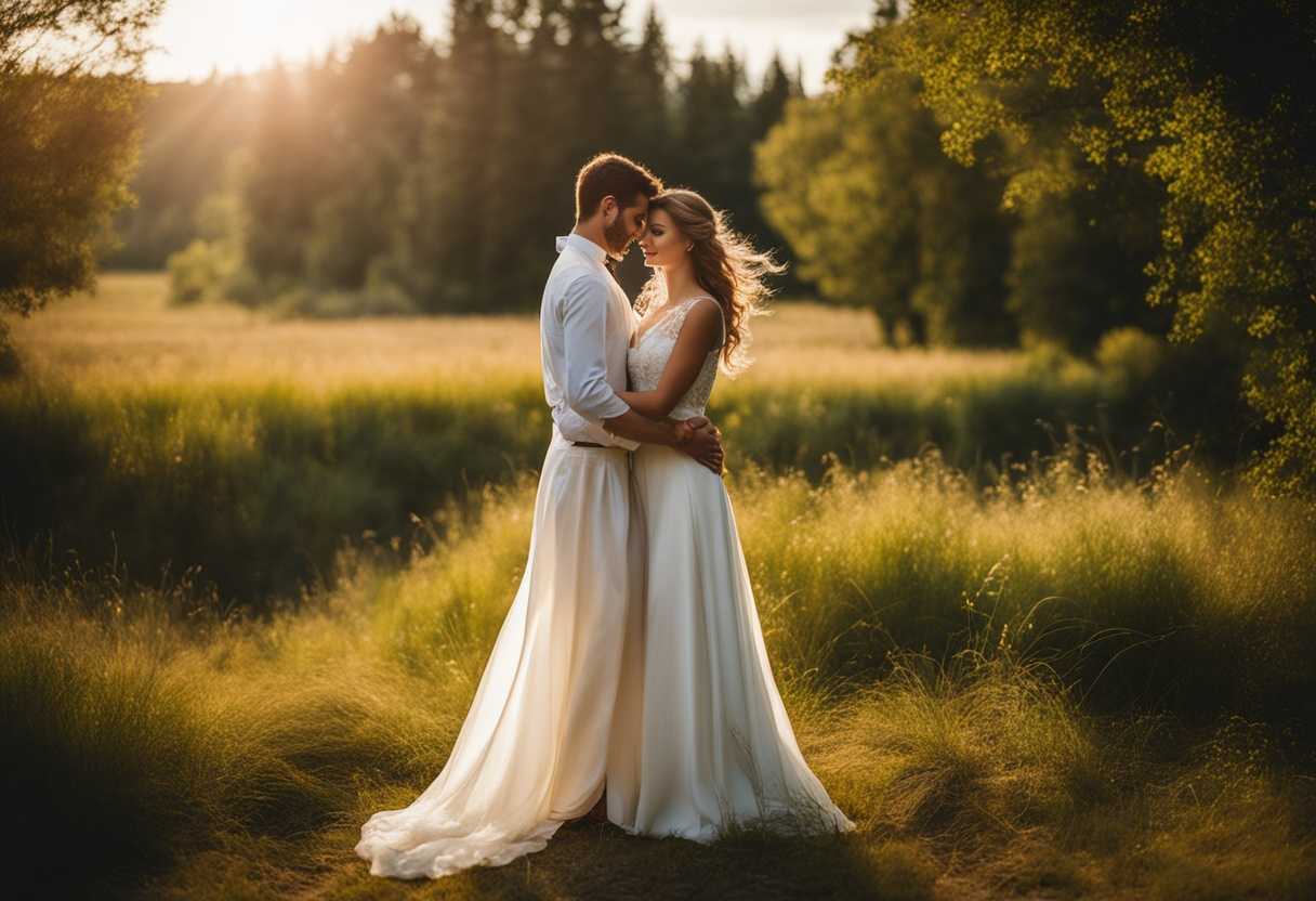 Newlyweds-embrace-in-sunlit-meadow-white-gown-flowing-rustic-charm-protective-tenderness_fwzm