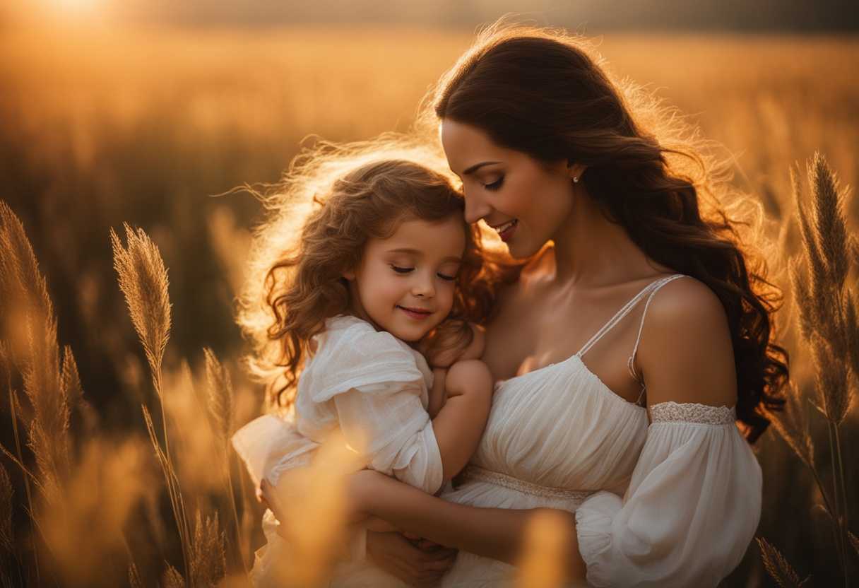 Mother-embraces-children-in-sunlit-field-golden-hour-glow-radiating-maternal-love-and-joy_pdab