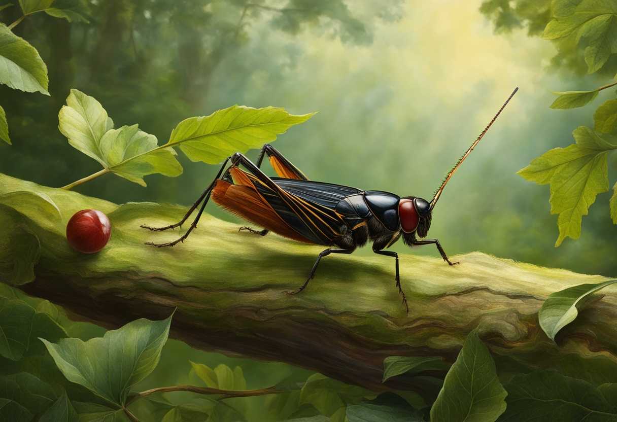 A-cricket-rests-on-a-branch-in-a-tranquil-forest-surrounded-by-nature's-beauty_zkgq