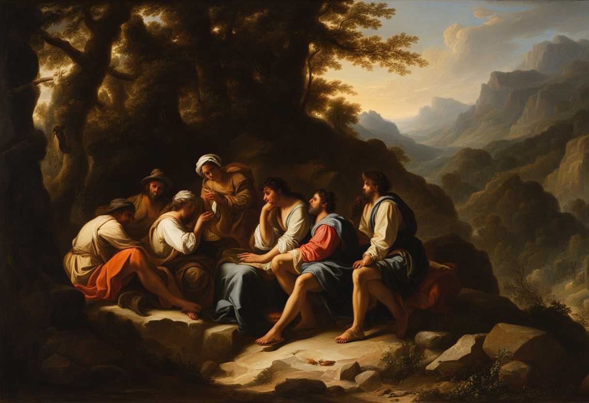 A-group-of-weary-travelers-in-rugged-wilderness-bathed-in-warm-light-sharing-stories-of-endurance_pfkg