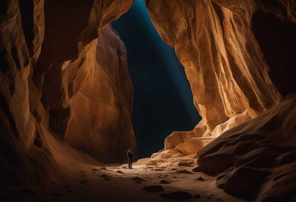 A-person-gazes-in-awe-at-a-towering-weathered-rock-formation-in-dramatic-lighting_lodc