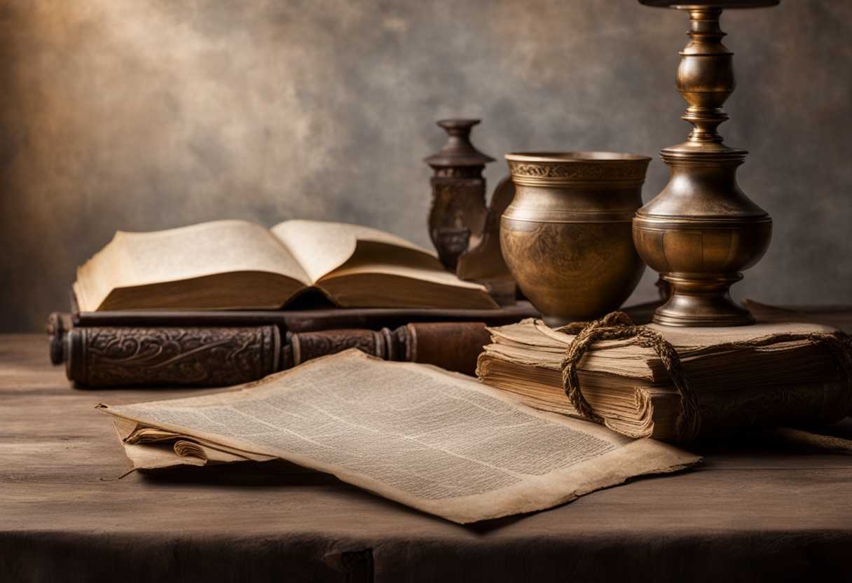 Ancient-scrolls-and-artifacts-displayed-on-a-weathered-table-in-soft-light-showcasing-history_ylnb