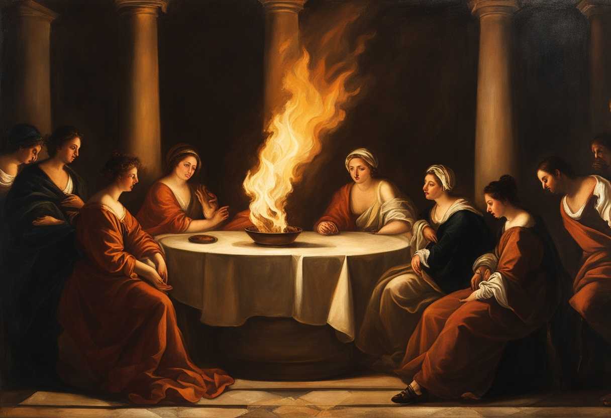 People-encircle-a-fire-faces-aglow-captivated-by-flickering-light-feeling-divine-presence_isrp