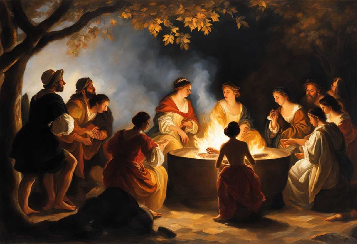 People-huddled-around-campfire-faces-aglow-shadows-dancing-sharing-stories-warmth-camaraderie-_hebl