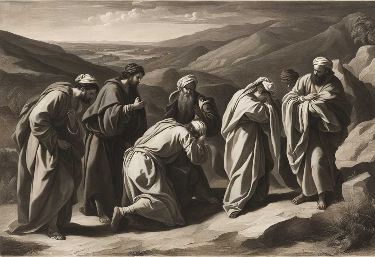 Weary-Israelites-pray-in-a-barren-landscape-seeking-God-with-longing-gazes-and-raised-hands_issw