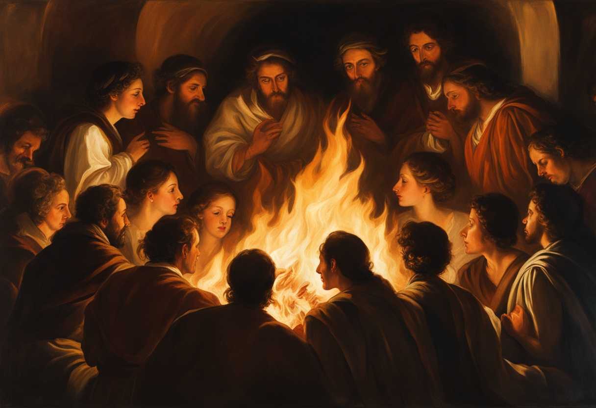 People-huddled-around-a-mesmerizing-fire-faces-illuminated-with-awe-and-fear-feeling-a-divine-conn_wfyq