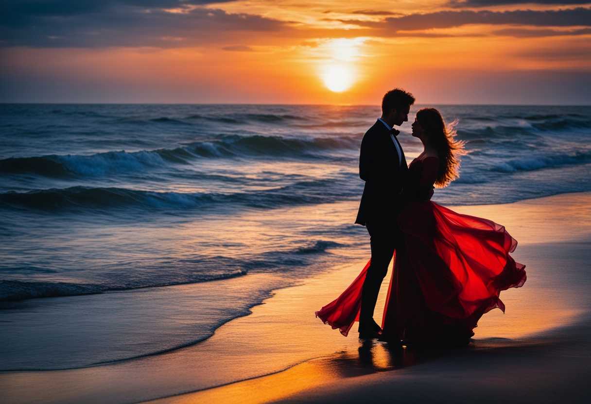 Romantic-couple-embraces-on-beach-at-sunset-silhouetted-against-vibrant-hues-flowing-dress-in-bree_hqxz