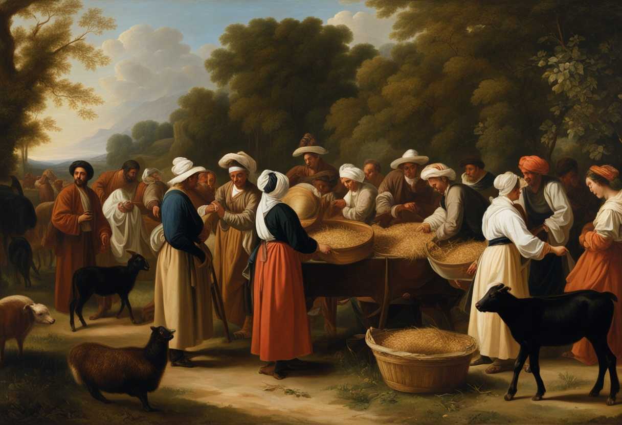 Community-gathering-in-a-lush-field-wearing-traditional-clothes-tending-to-healthy-livestock-with-_wqvw
