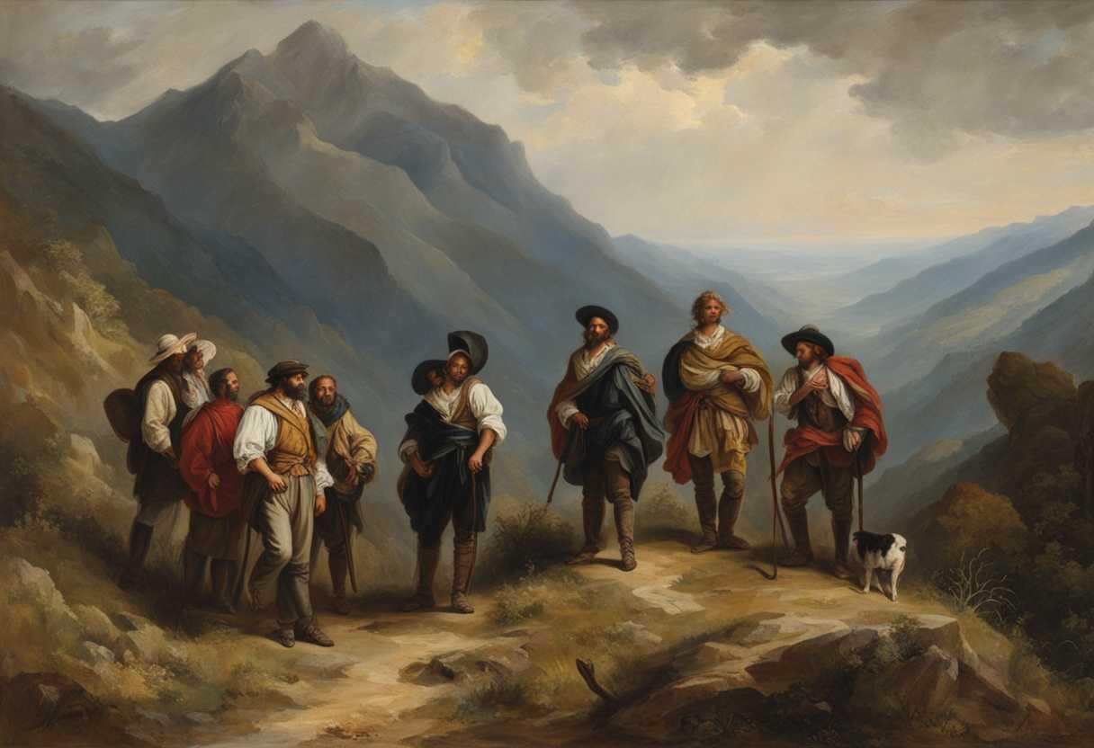 A-diverse-group-of-hikers-in-tattered-clothes-standing-in-awe-of-a-rugged-landscape_qldr