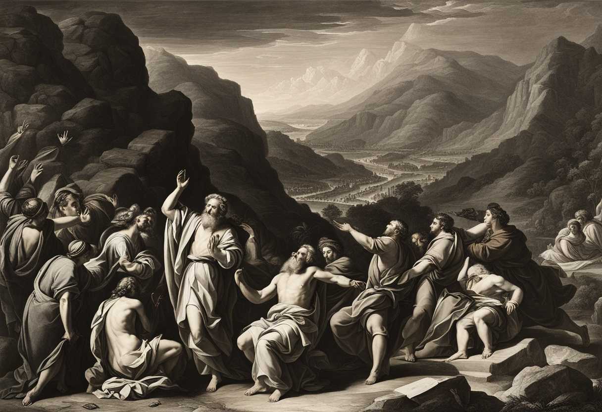 Moses-pleads-with-raised-arms-Israelites-kneel-in-shame-rugged-mountains-loom-solemnly_oygc