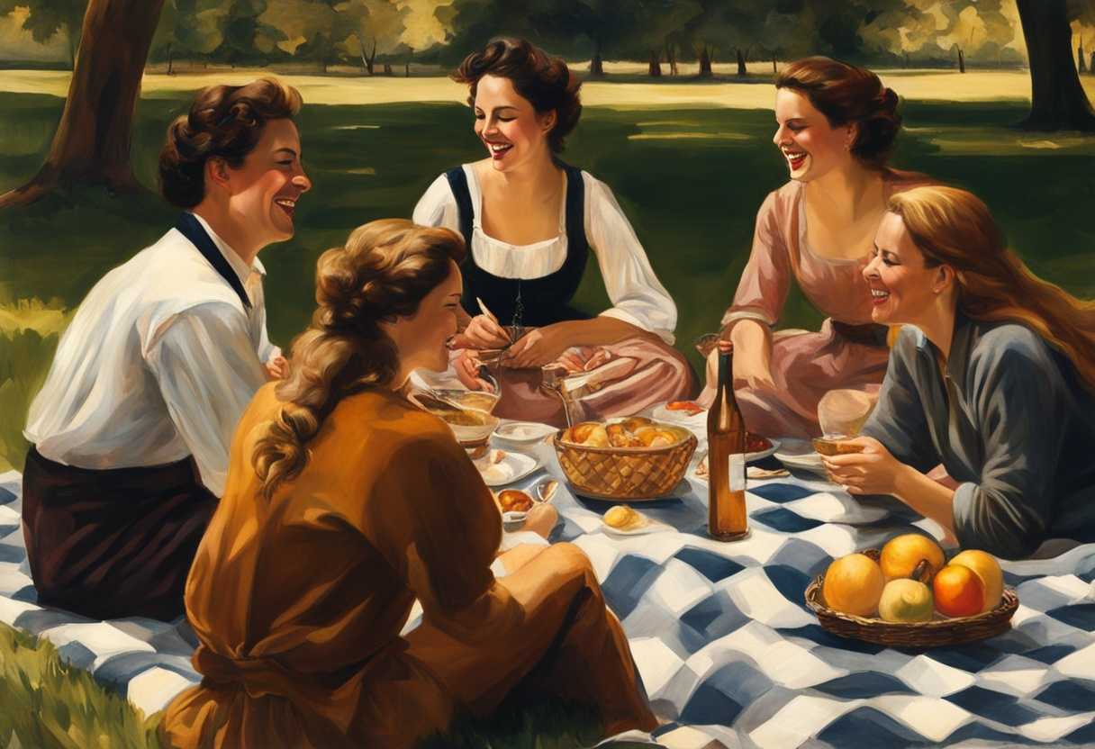 Friends-laughing-and-sharing-food-on-a-checkered-blanket-at-a-sunny-park-picnic_zise