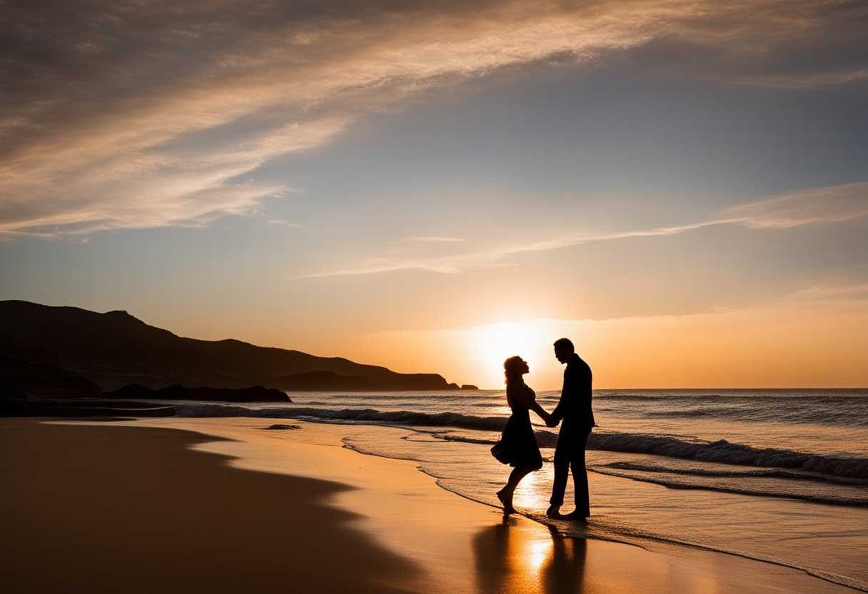 Couple-embraces-on-empty-beach-at-dusk-silhouetted-against-setting-sun-sharing-intimate-moment_hybp