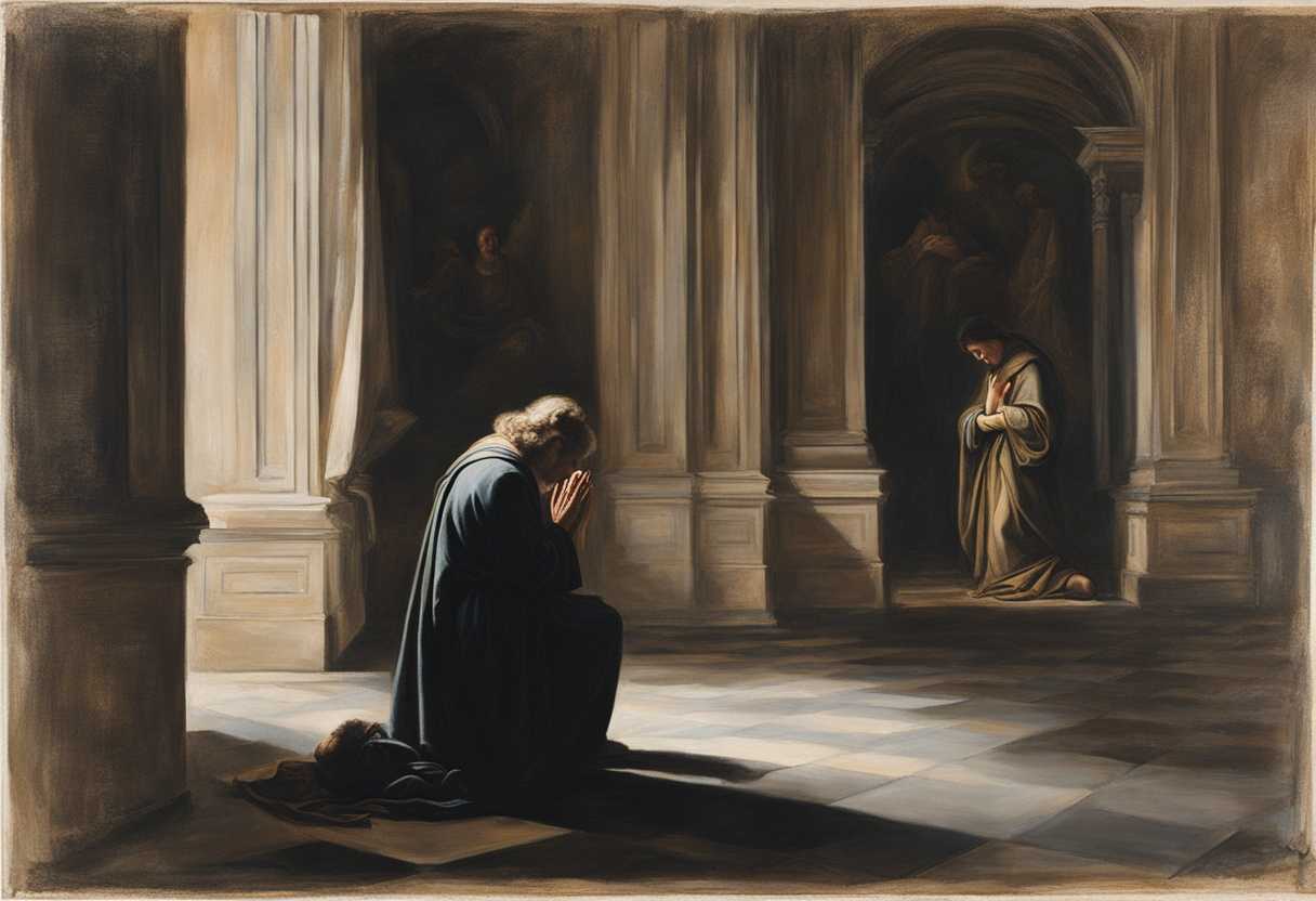 A-serene-figure-in-prayer-contrasts-with-a-frantic-sinner-in-a-dimly-lit-room_jztd