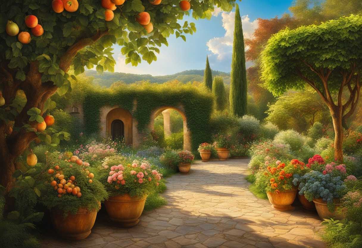 A-serene-garden-with-blooming-flowers-fruit-trees-and-winding-paths-under-dappled-sunlight_wtxp