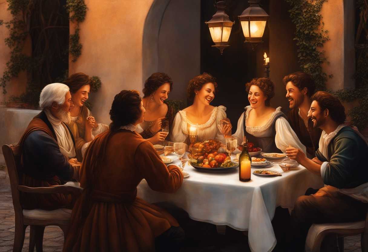 Friends-gathered-around-a-table-at-sunset-sharing-laughter-stories-and-delicious-food-in-harmony_totk