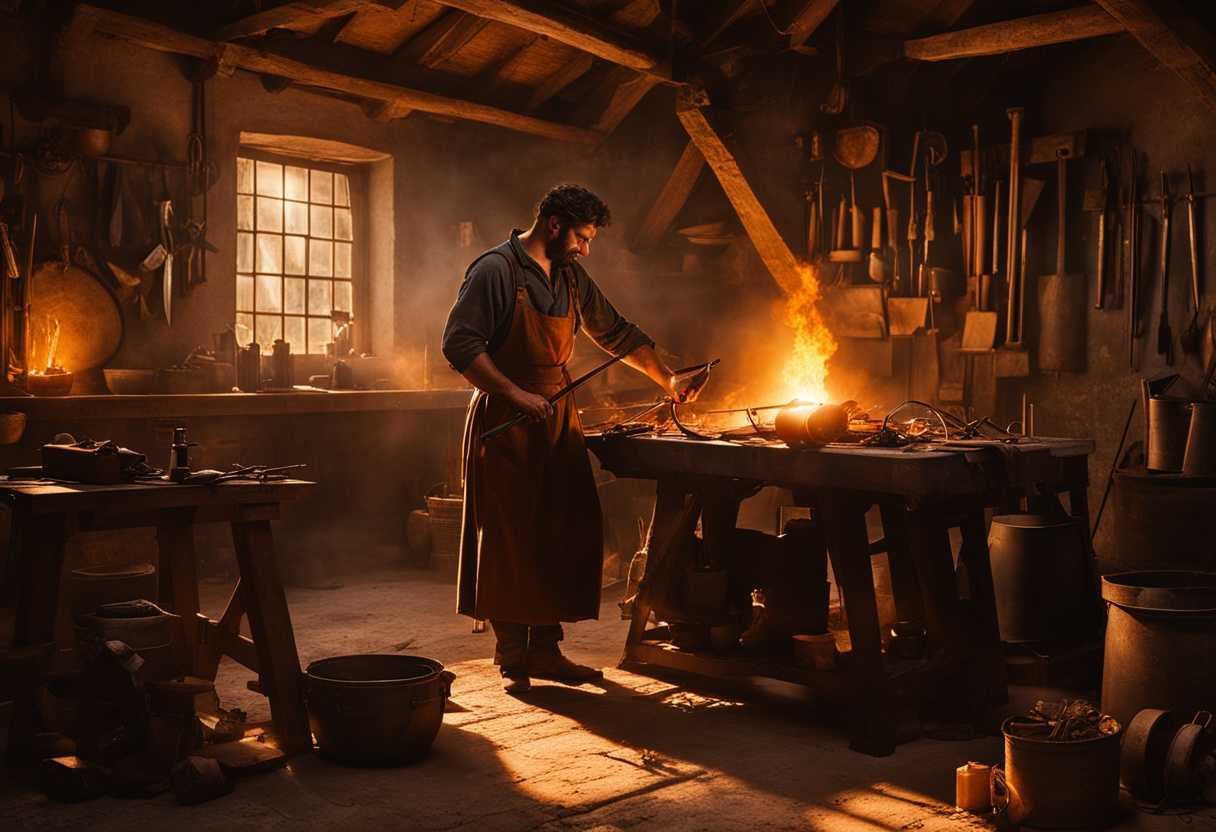 A-blacksmith-standing-in-his-workshop-at-sunset-surrounded-by-glowing-tools-exuding-dedication-and_gmwm