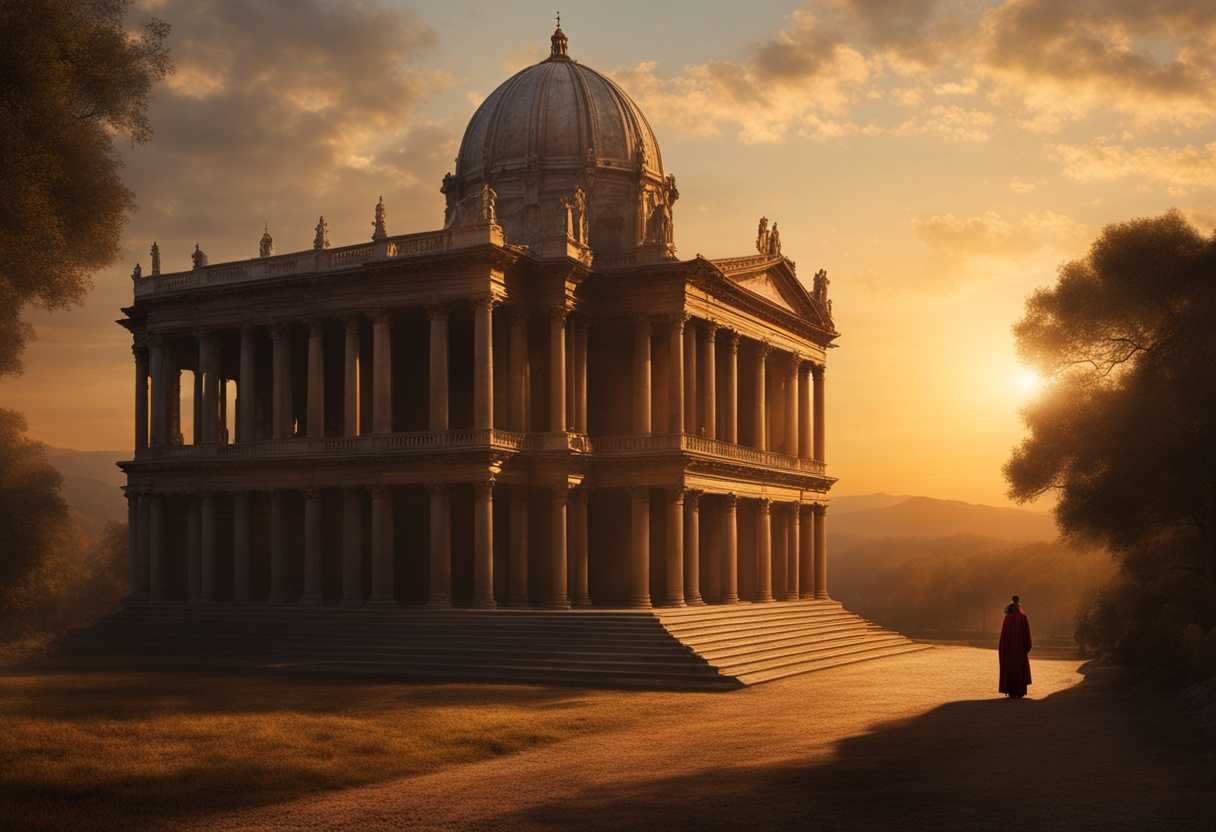 Individual-stands-in-awe-before-ancient-religious-building-at-sunset-embodying-reverence-and-spirit_fcci