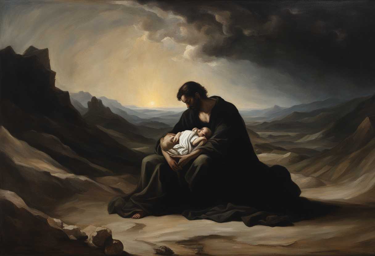 A-grieving-man-cradles-a-stillborn-child-in-a-barren-wasteland-surrounded-by-haunting-light-and-sha_zgct