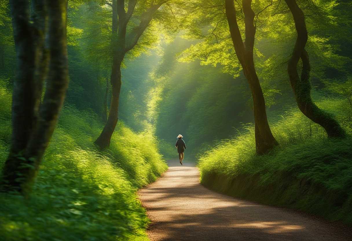 Person-walks-along-a-winding-forest-path-surrounded-by-lush-greenery-and-dappled-sunlight_cdqv