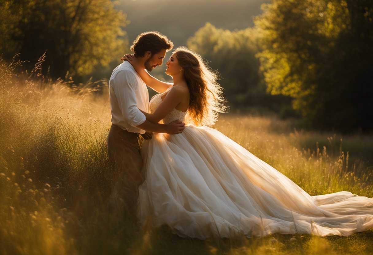 Couple-in-sunlit-meadow-share-tender-moment-flowing-dress-dreamy-atmosphere-enigmatic-expression_issj
