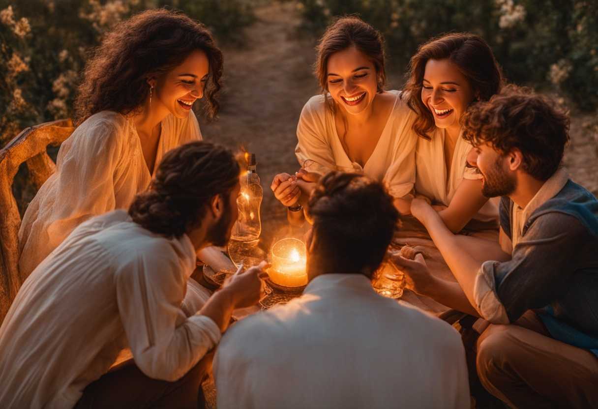 Friends-gathered-in-a-circle-at-sunset-sharing-laughter-and-genuine-connection_glzp