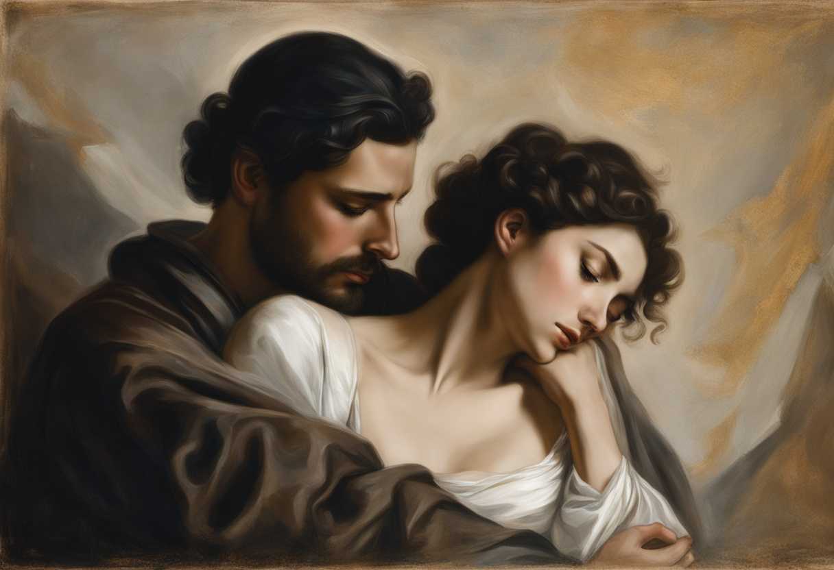 A-man-gently-holds-a-woman-comforting-her-with-a-troubled-expression-in-soft-lighting_khah