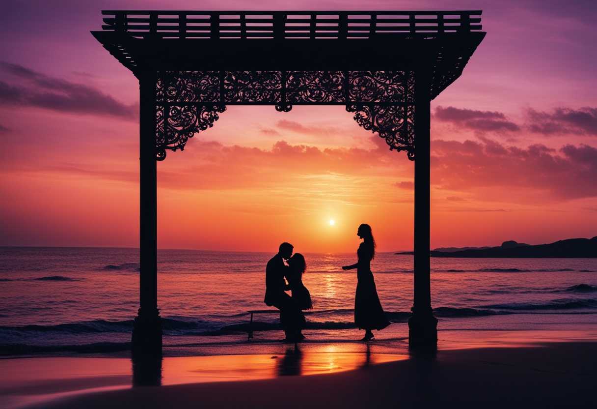 Romantic-couple-embraces-on-beach-at-sunset-silhouetted-against-vibrant-hues-feeling-love-and-peac_edji