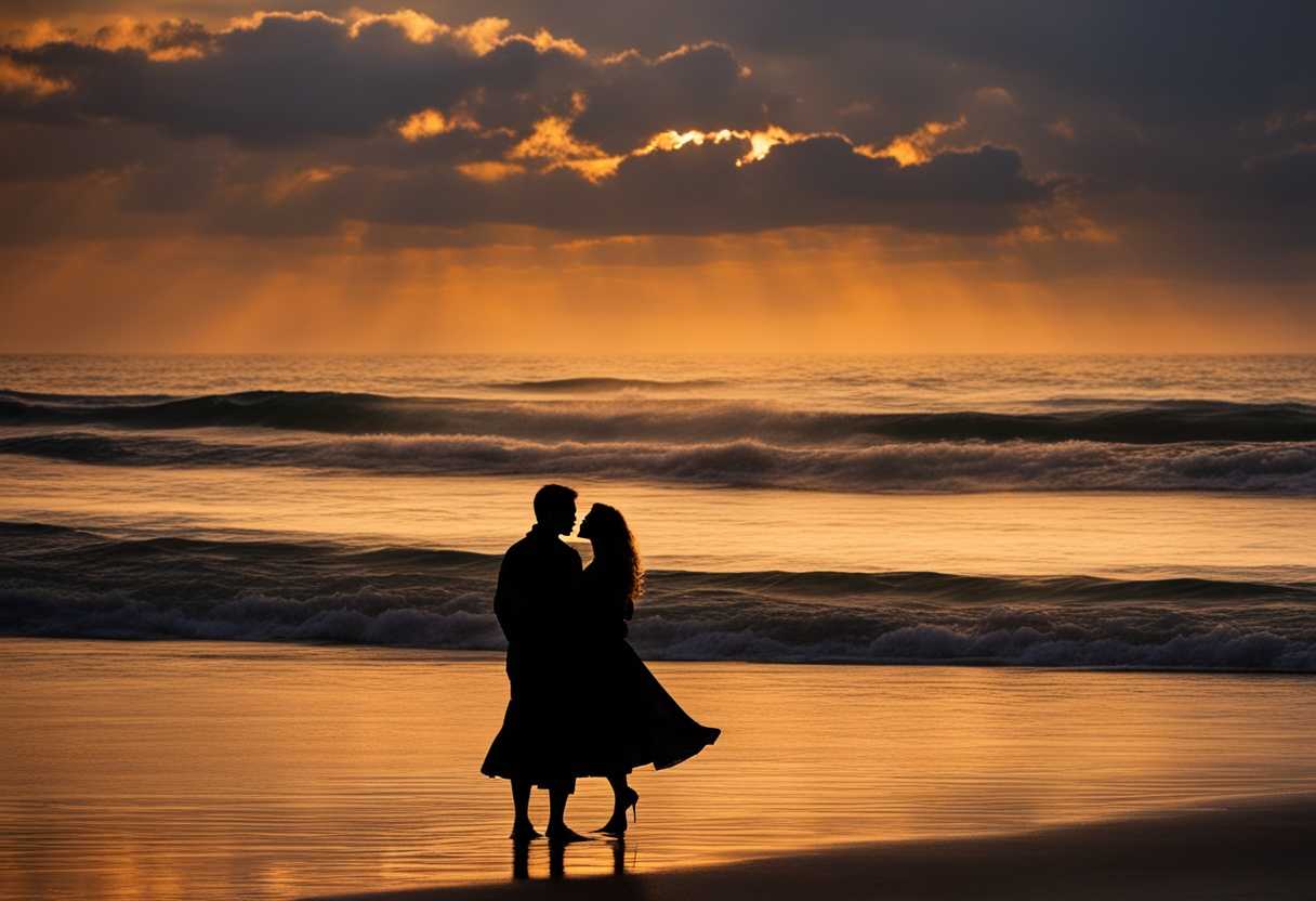 Silhouetted-couple-embraces-on-beach-at-sunset-golden-light-tranquil-waves-timeless-love_hurn
