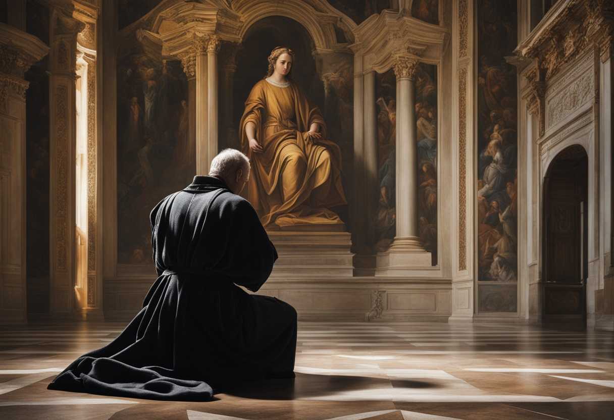 A-person-kneels-in-prayer-before-a-majestic-figure-feeling-a-deep-spiritual-connection_rfdw