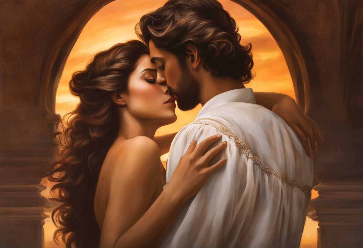 A-couple-embraces-in-the-warm-glow-of-a-sunset-sharing-a-timeless-bond-of-love_vcna