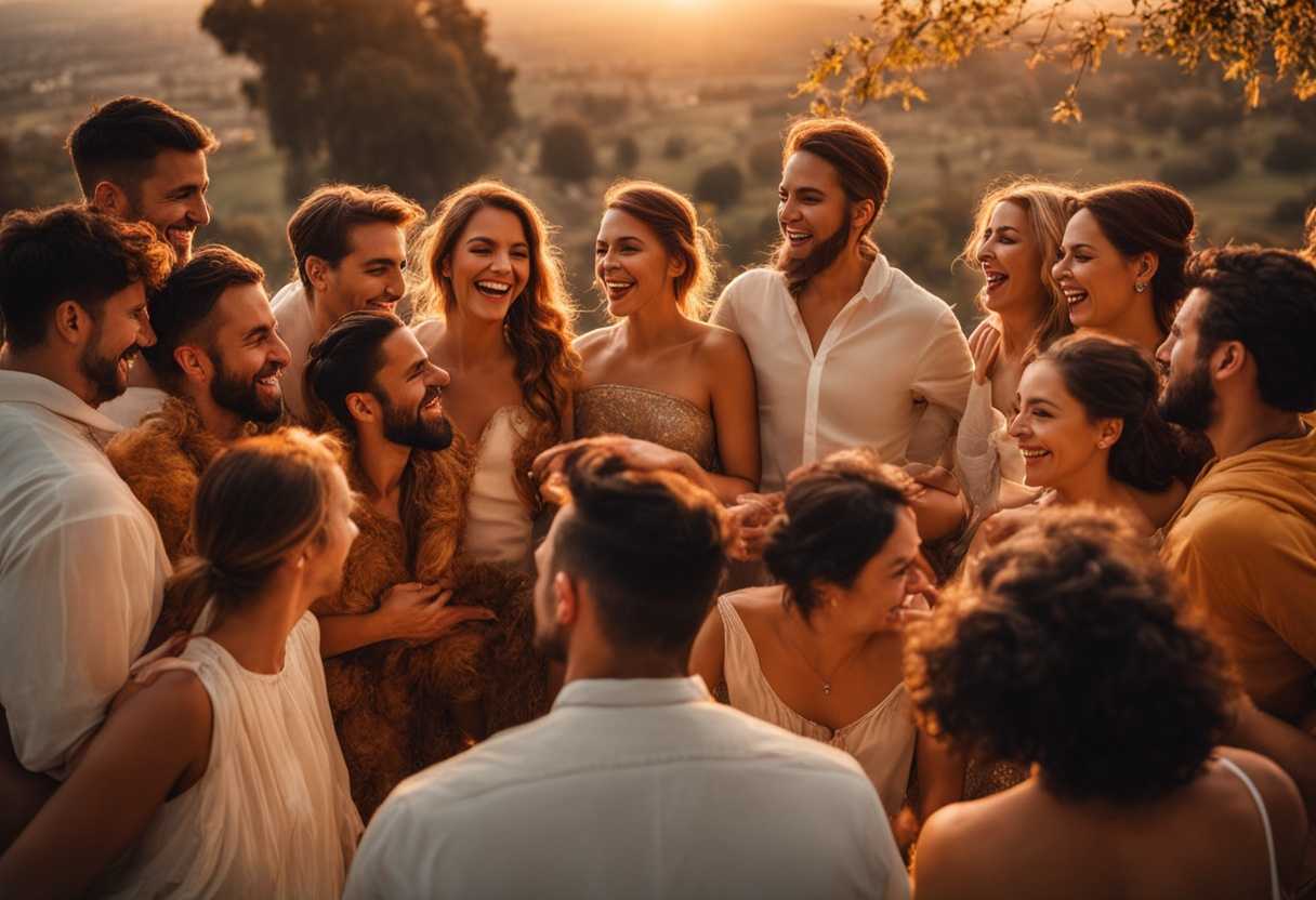 People-in-a-circle-at-sunset-arms-linked-sharing-laughter-and-joy-capturing-genuine-connection_szbb